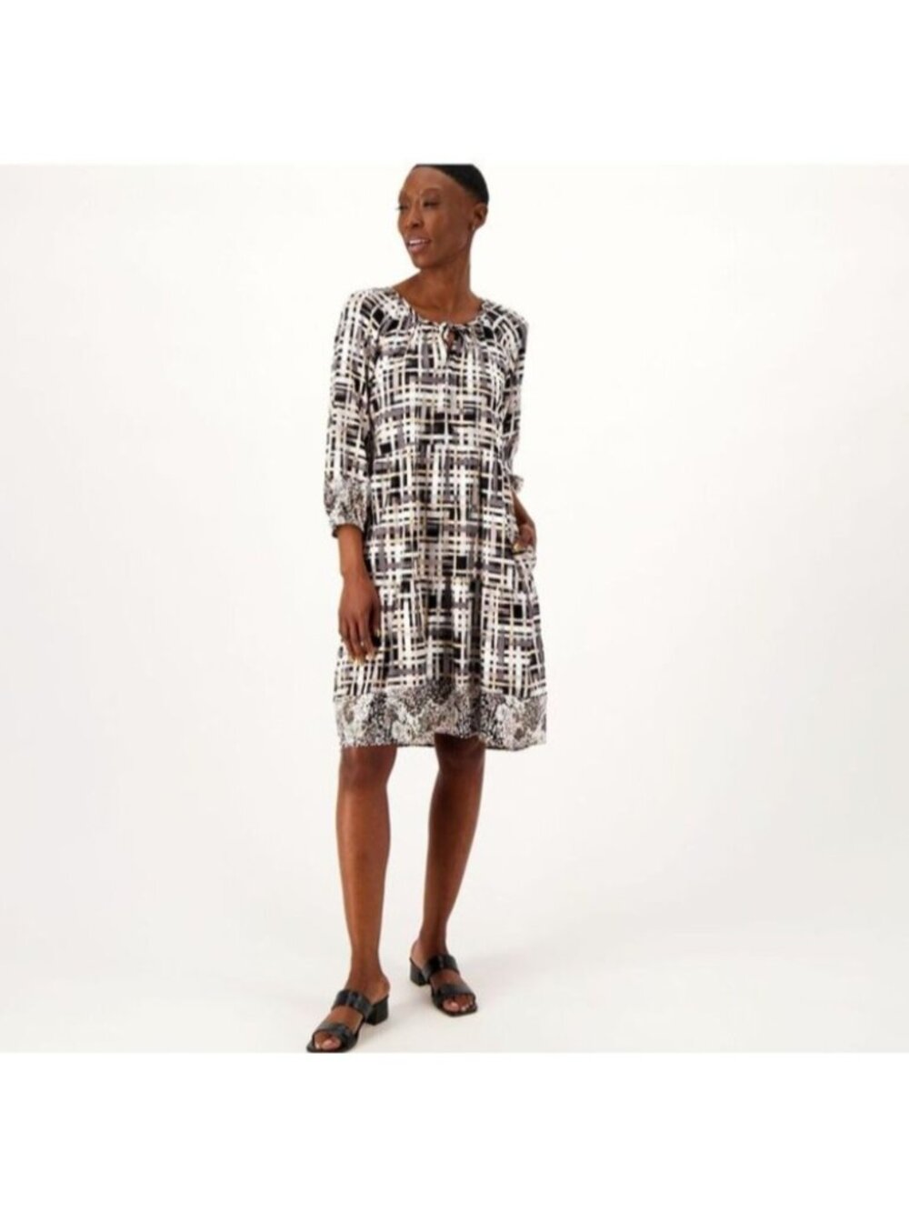 Isaac Mizrahi Live Dress sz M Twin Printed Hi-Low Dress Neutral A596712
